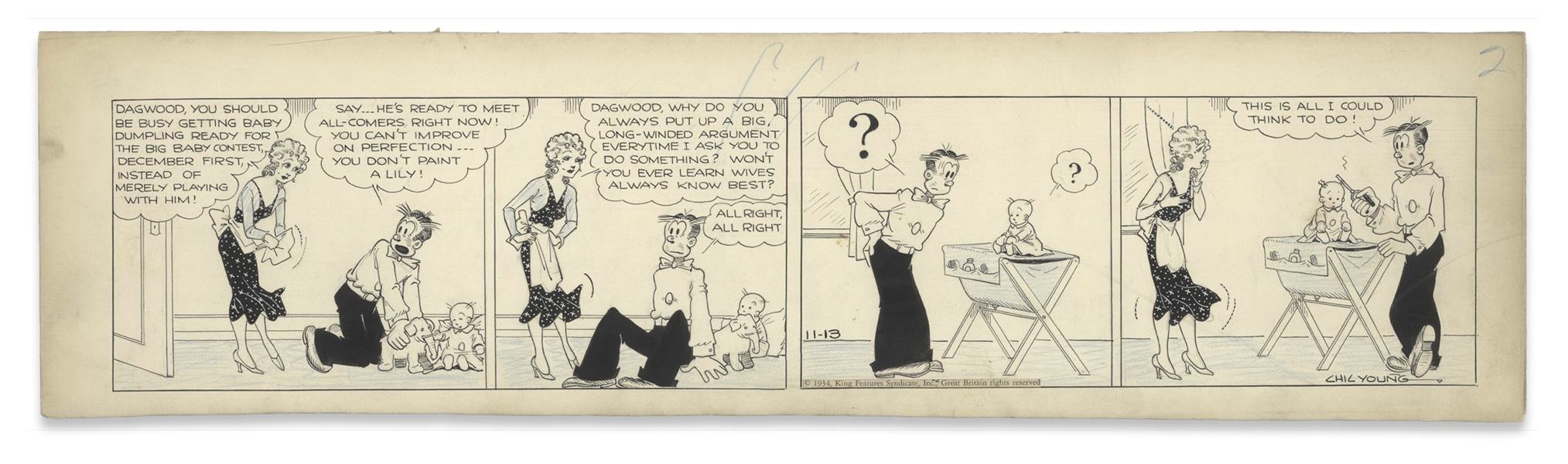 Chic Young Hand-Drawn ''Blondie'' Comic Strip From 1934 Titled ''The Barber's Itch'' -- Dagwood Primps Baby Dumpling for a Baby Contest